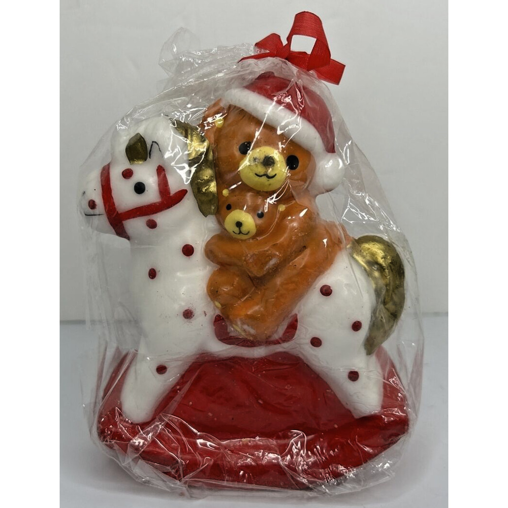 Vintage Teddy Bear on Rocking Horse Christmas Candle New 4" x 5.5" SKU H665‎